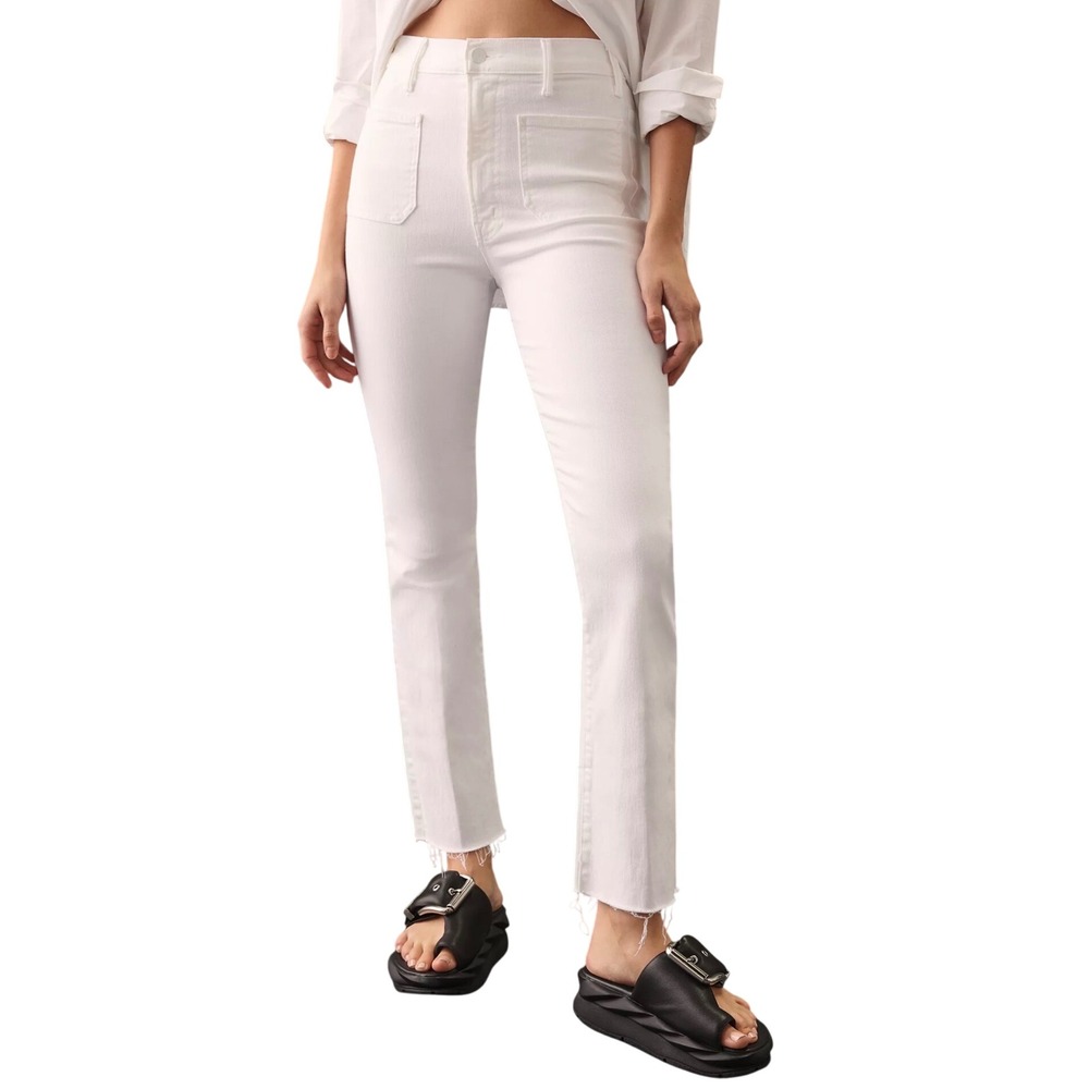 MOTHER Denim Hustler White Flare Jeans Front Patch Pockets Raw Hem Hi Rise Sz 30